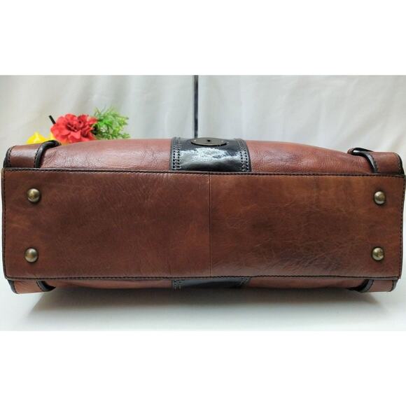 Fossil Maddox Brown Leather Black Stripe Zipper Satchel Shoulder Bag - Picture 6 of 10